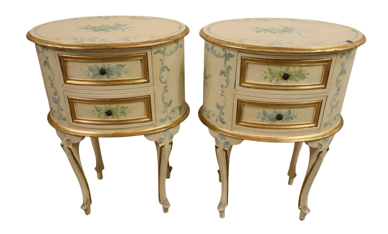 Pair VTG IT Florentia Paint Dec Oval 2-Drw Stands: Nice pair of Italian Florentia vintage made in Italy paint decorated oval 2 drawer stands, original paint, paint looks good, structurally sound and in good condition for age. Ea. 27.5"h x 20.5"w x 15.