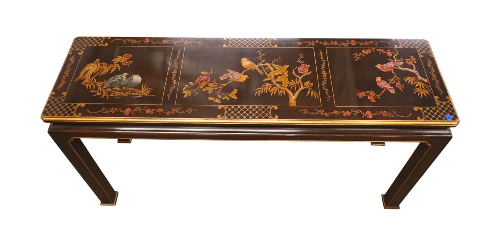 VTG Henredon Asian Black Lacquer Sofa Table Orig Fin: Vintage Henredon Asian decorated black lacquer sofa table 1328241, #185 original finish, structurally sound and in good condition with no noticeable issues. 27.5"h x 54"l x 16"d