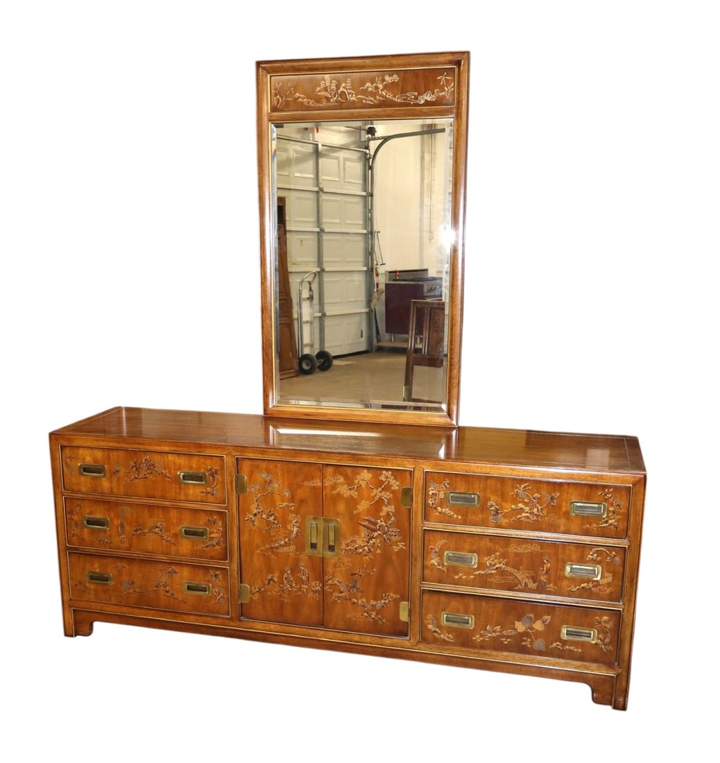 VTG Drexel Hrtg Dynasty Walnut Low Chest w/Mirror: Vintage Drexel Heritage Dynasty Collection walnut 2 door 6 drawer fitted low chest #13241 012-132-2 #379 with mirror, 2 piece, mirror is removeable for transit, original finish, structurally sound and