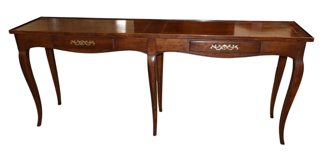 Henredon FR Style 6-Leg Burl Walnut Inlaid Sofa: Henredon quality French style 2 drawers 6 legged burl walnut and inlaid sofa table, original finish, structurally sound and in good condition with slight wear on top. 29.5"h x 72"l x 16.5"d