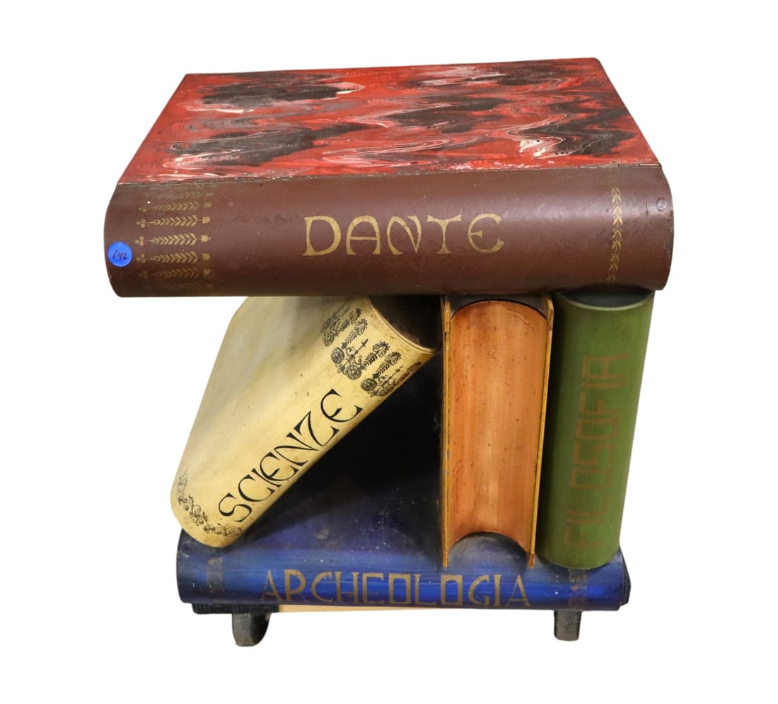 Vtg IT Metal Faux Book Stack Lift Top Storage Table: Vintage faux book lift top storage table in the metal with original paint made in Italy, structurally sound needs cleaned in good condition for age. 18"h x 17"w x 14.5"d