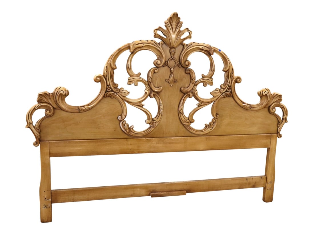 FR Crvd King Headboard Ira A Rose By MPFI Antq Finish: Quality French carved solid wood in distressed antique finish king size headboard made by Modern and Period Furniture and Interiors designed for Ira A. Rose, Inc., original finish, structurally sound 