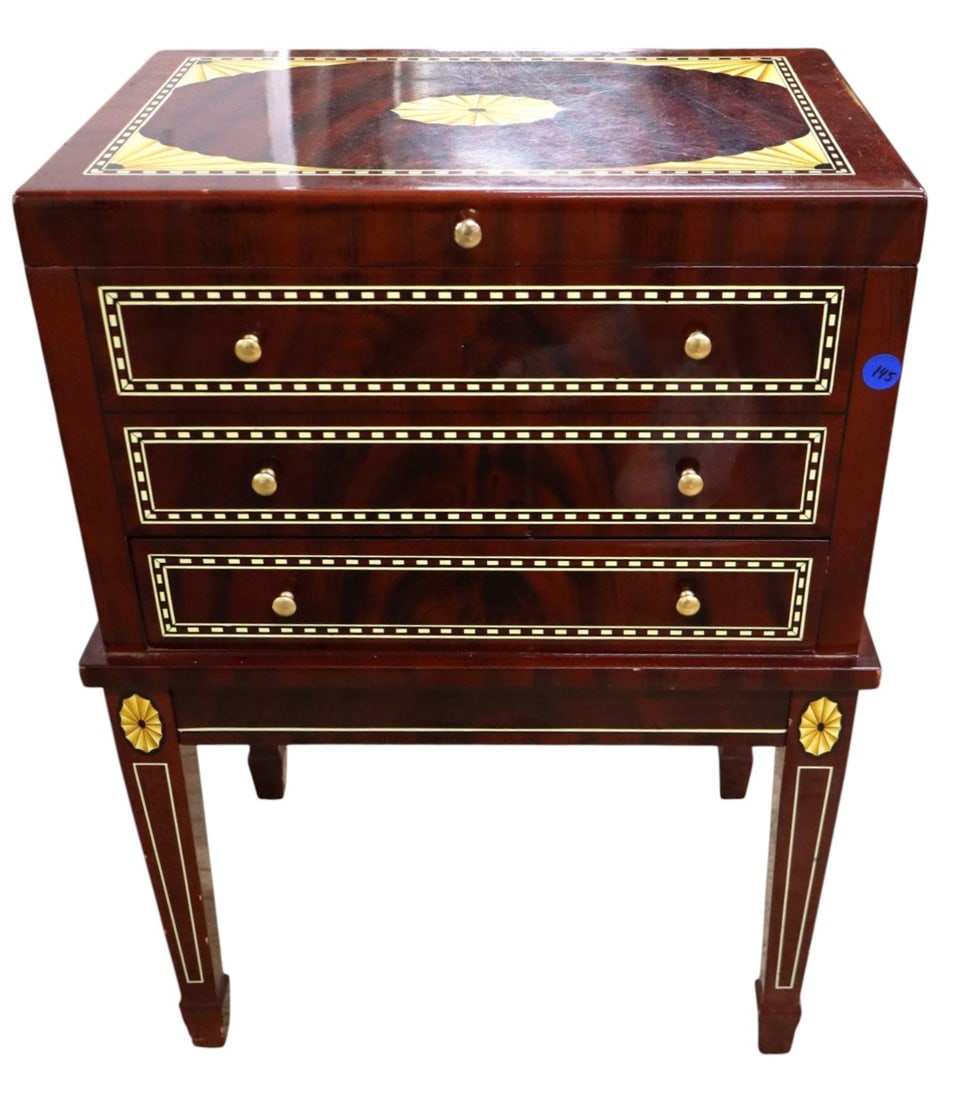IT Burl Mahog Inlay 1-Dr Lift Top Humidor Orig Fin: Italian burl mahogany with fancy inlay 1 drawer lift top humidor, original finish, structurally sound and in good condition with some slight wear. 24.5"h x 18"w x 13"d
