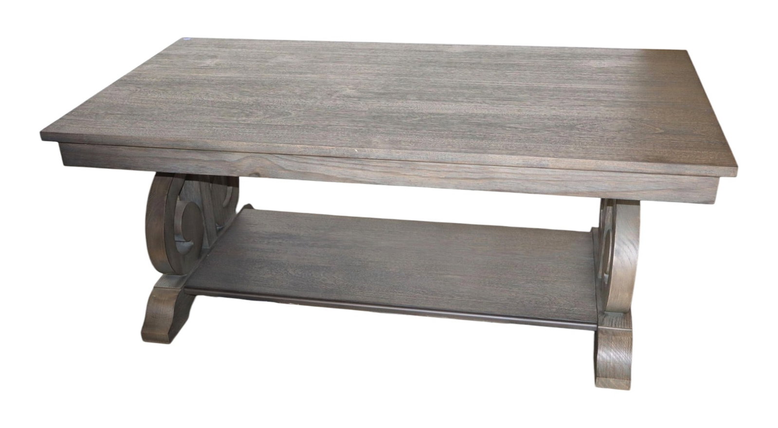 Contemp Grey Wash Scroll Side Coffee Table Orig Fin: Contemporary grey wash coffee table with scroll sides, original finish, structurally sound and in good condition. 19.5"h x 48"l x 26"w