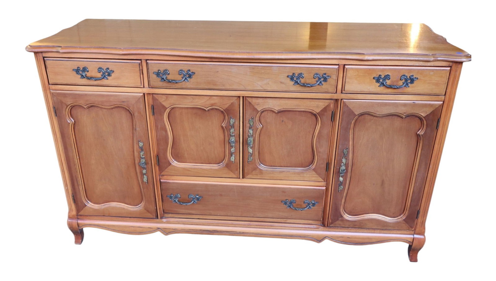 VTG FR Provincial 4-Dr 4-Dr Cherry Buffet Orig Fin: Vintage French provincial 4 drawer 4 door cherry buffet, original finish, structurally sound and in good condition for age. 34.5"h x 60"w x 21"d