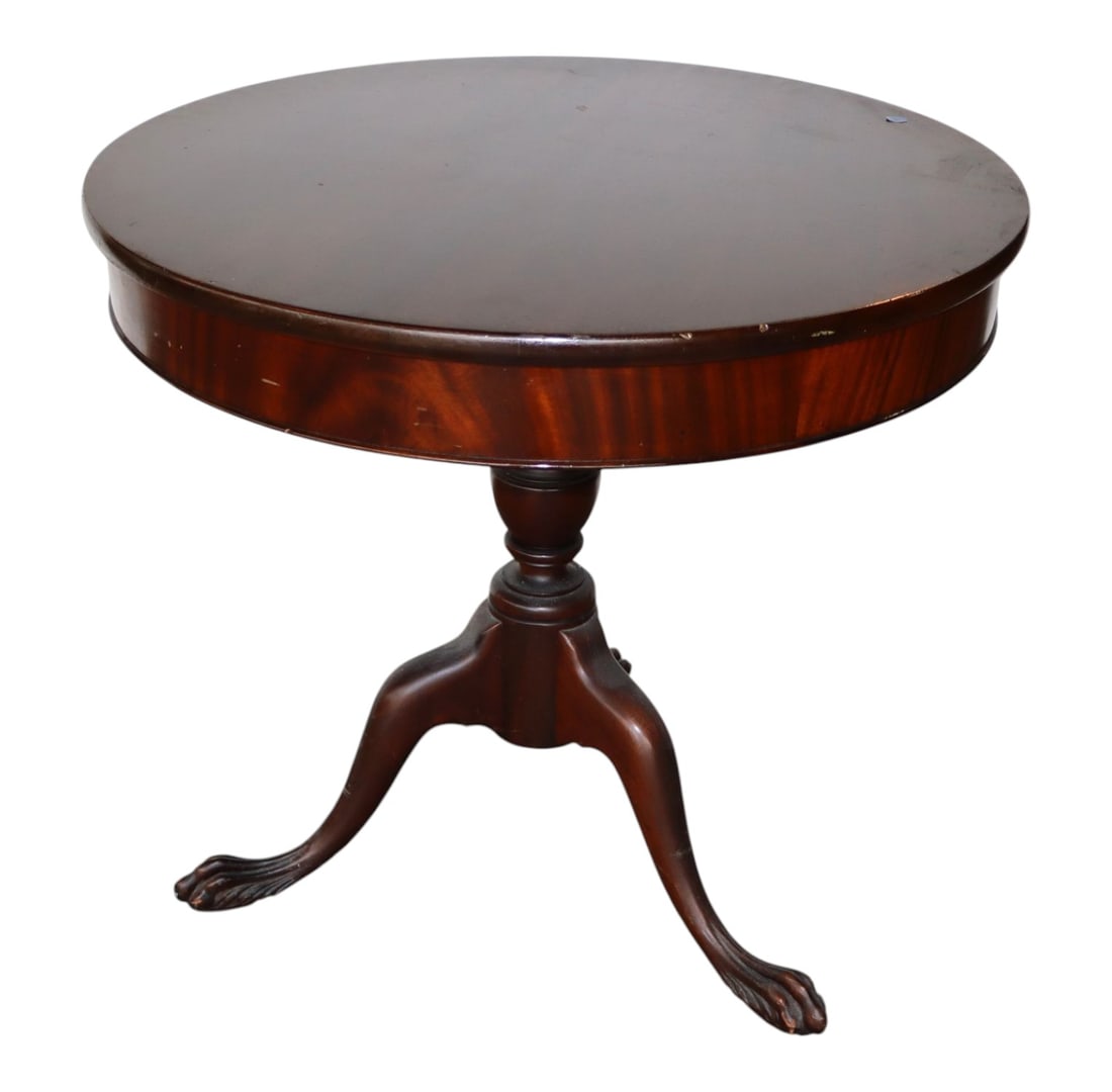 Semi Antq Solid Mahog Paw Foot 30" Drum Table Orig: Semi antique solid mahogany paw foot 30" drum table, original finish, structurally sound with wear associated to age. 28.5"h x 30" diameter