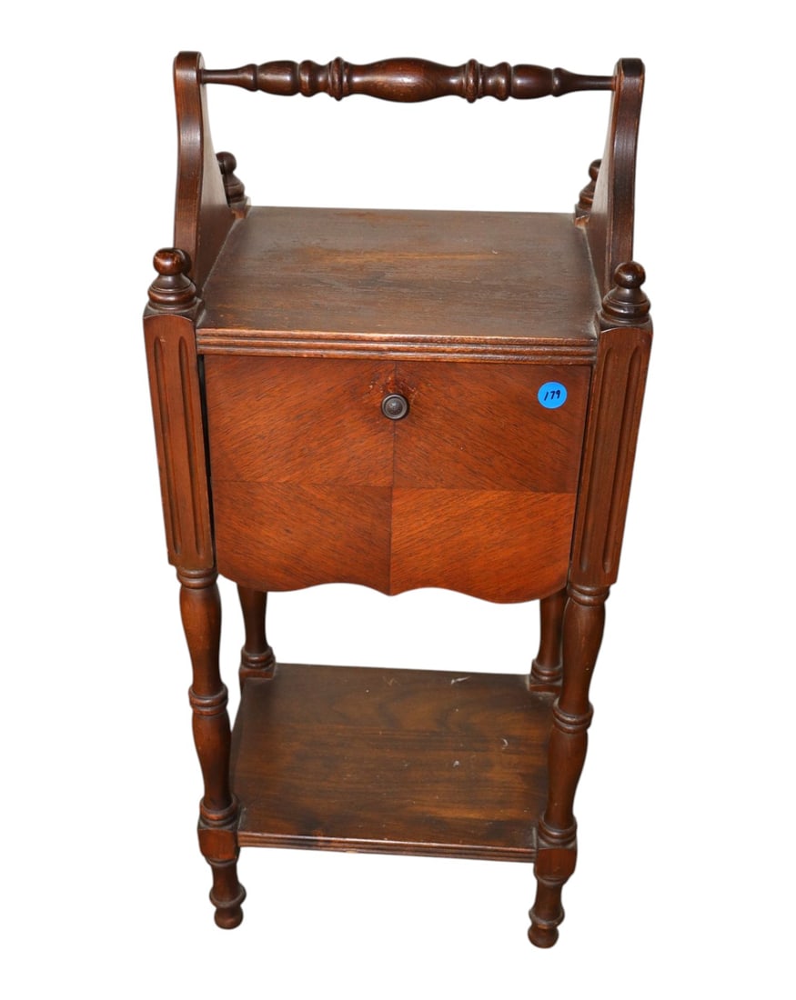 Antq Copper Lined Walnut Smoke Stand Orig Finish: Antique copper lined walnut smoke stand, original finish, structurally sound and in good condition for age. 29.5"h x 13"w x 10"d