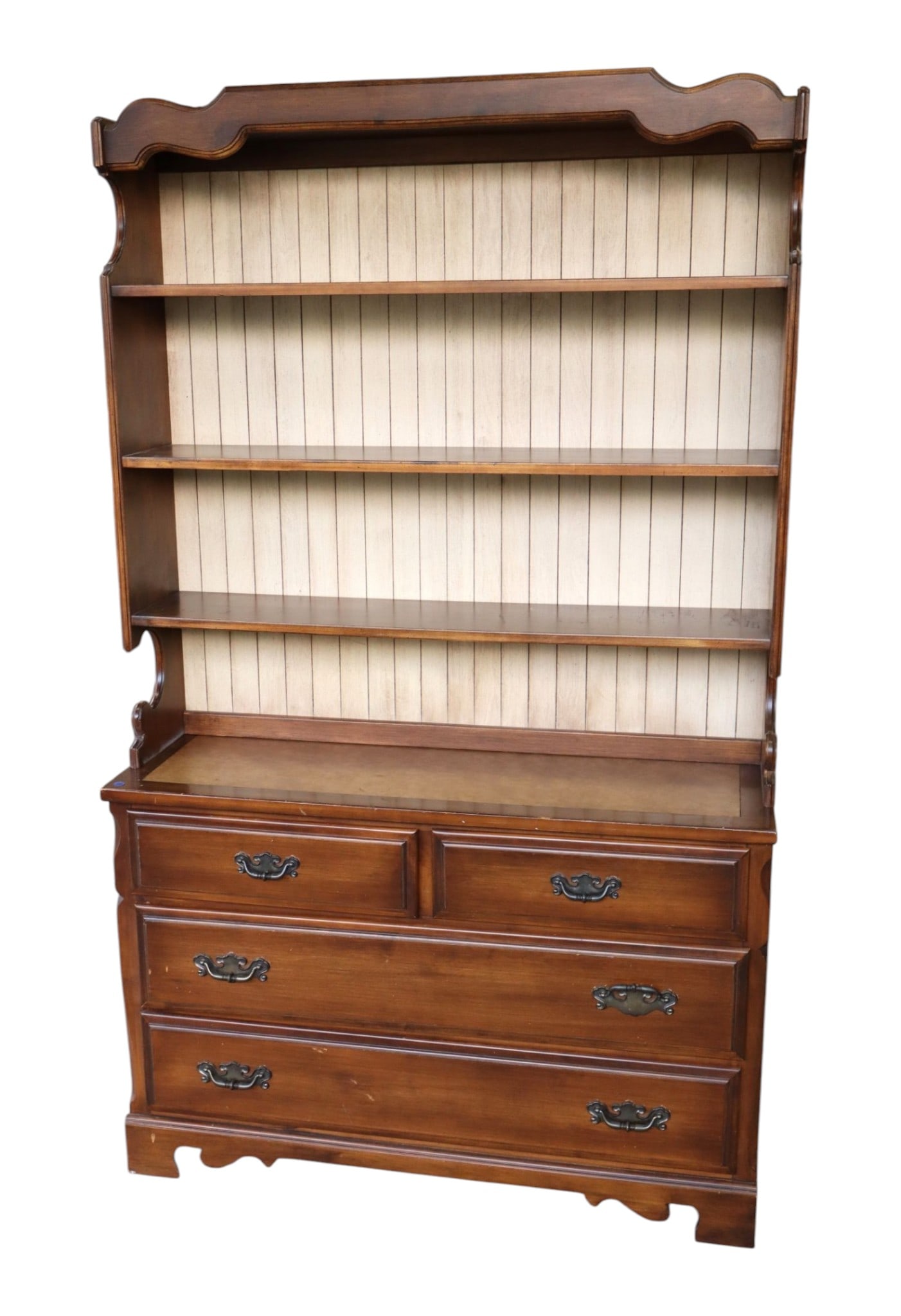 VTG Taylor Jamestown LT 4-Dr 2pc Hutch Orig Fin: Vintage Taylor Jamestown Furniture faux leather top 4 door chest with hutch top in original walnut finish, 2 piece, structurally sound and in good condition for age. 74"h x 44.25"w x 17.5"d (hutch top