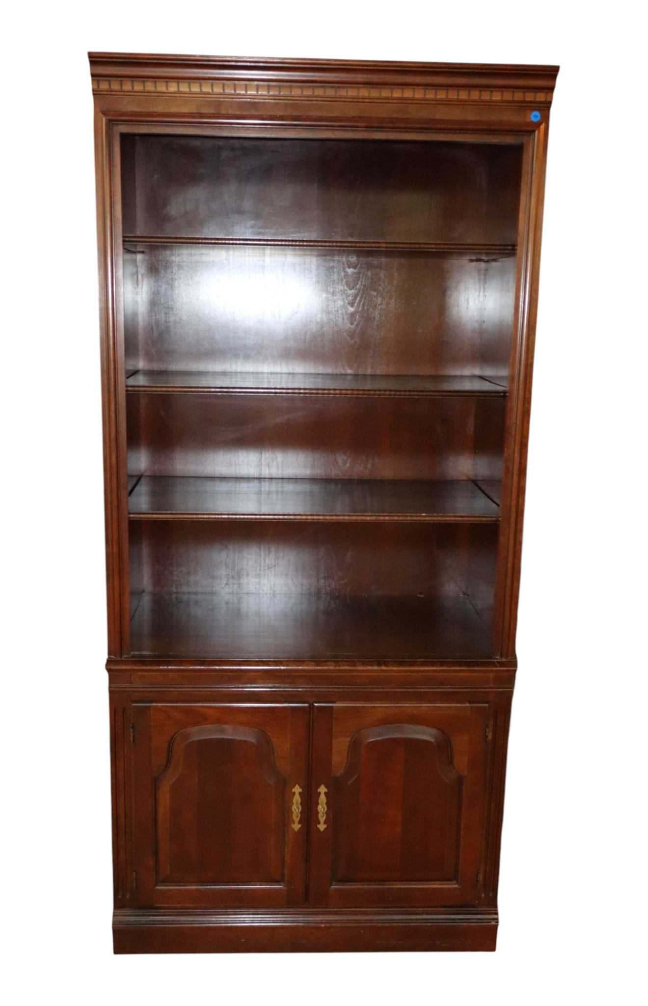Cherry Open Front Bookcase W/ 2-Dr Base Orig Finish: Cherry open front bookcase with 2 door base, original finish, structurally sound and in good condition. 78.5"h x 36"w x 19.5"d