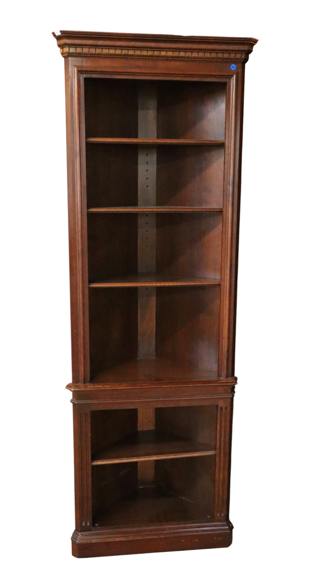 Cherry Corner Open Front Adj Shelf Bookcase Orig Fin: Cherry corner open front shelf bookcase with adjustable shelving, original finish, structurally sound and in good condition. 78.5"h x 27.5"w x 14.5"d