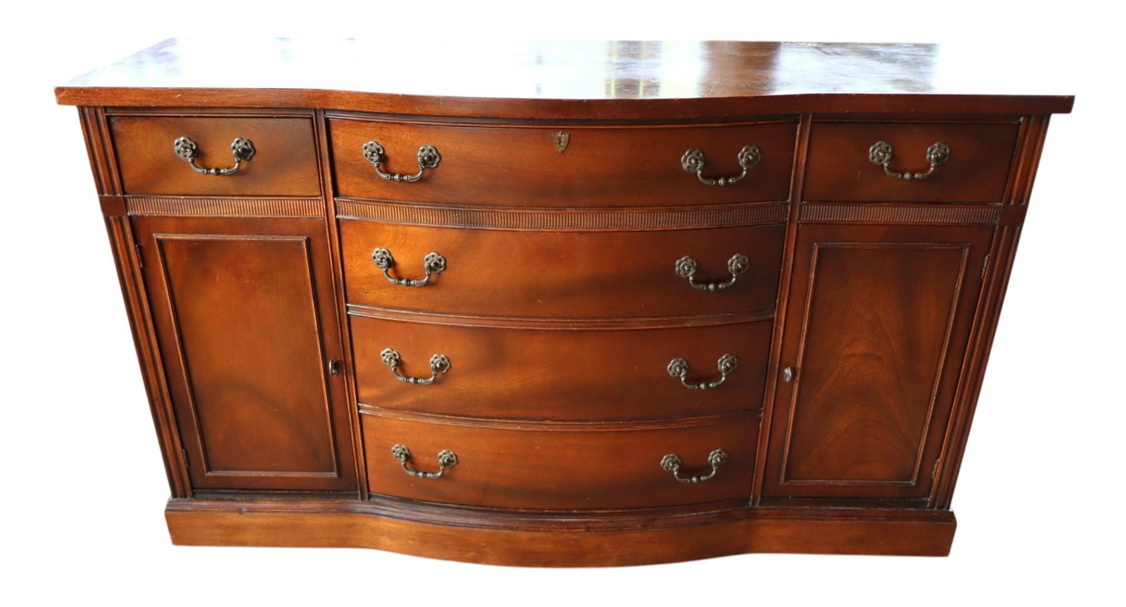 VTG Burl Mahog 6-Dr 2-Door Buffet Orig Finish: Vintage burl mahogany 6 drawer 2 door buffet, original finish, structurally sound and with some wear. 35.25"h x 60"w x 20.5"