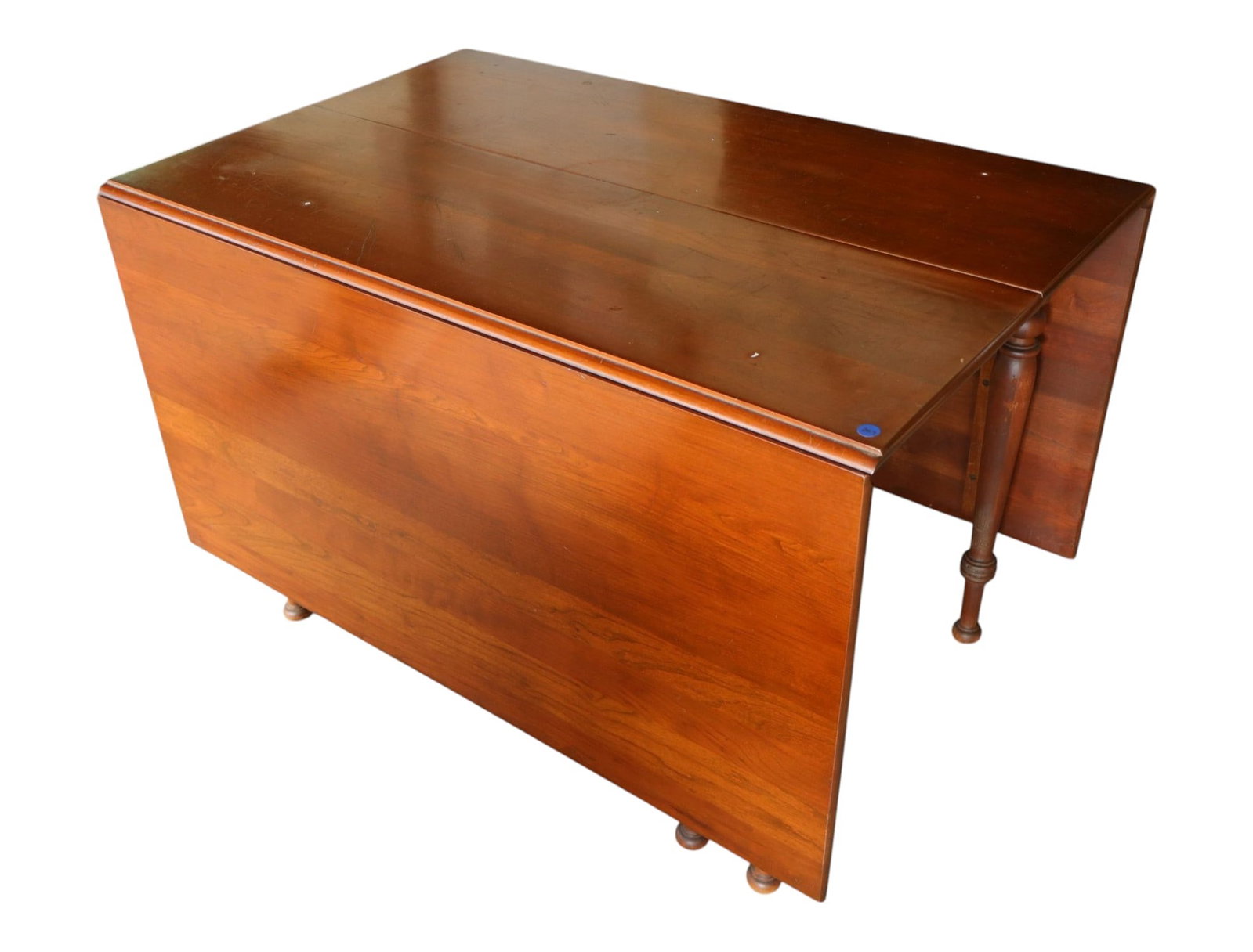 VTG Solid Cherry Drop Leaf Breakfast Table Orig Fin: Vintage solid cherry drop leaf breakfast table, original finish, structurally sound with some wear. 29.5"h x 29"w x 44"l opens to 54"