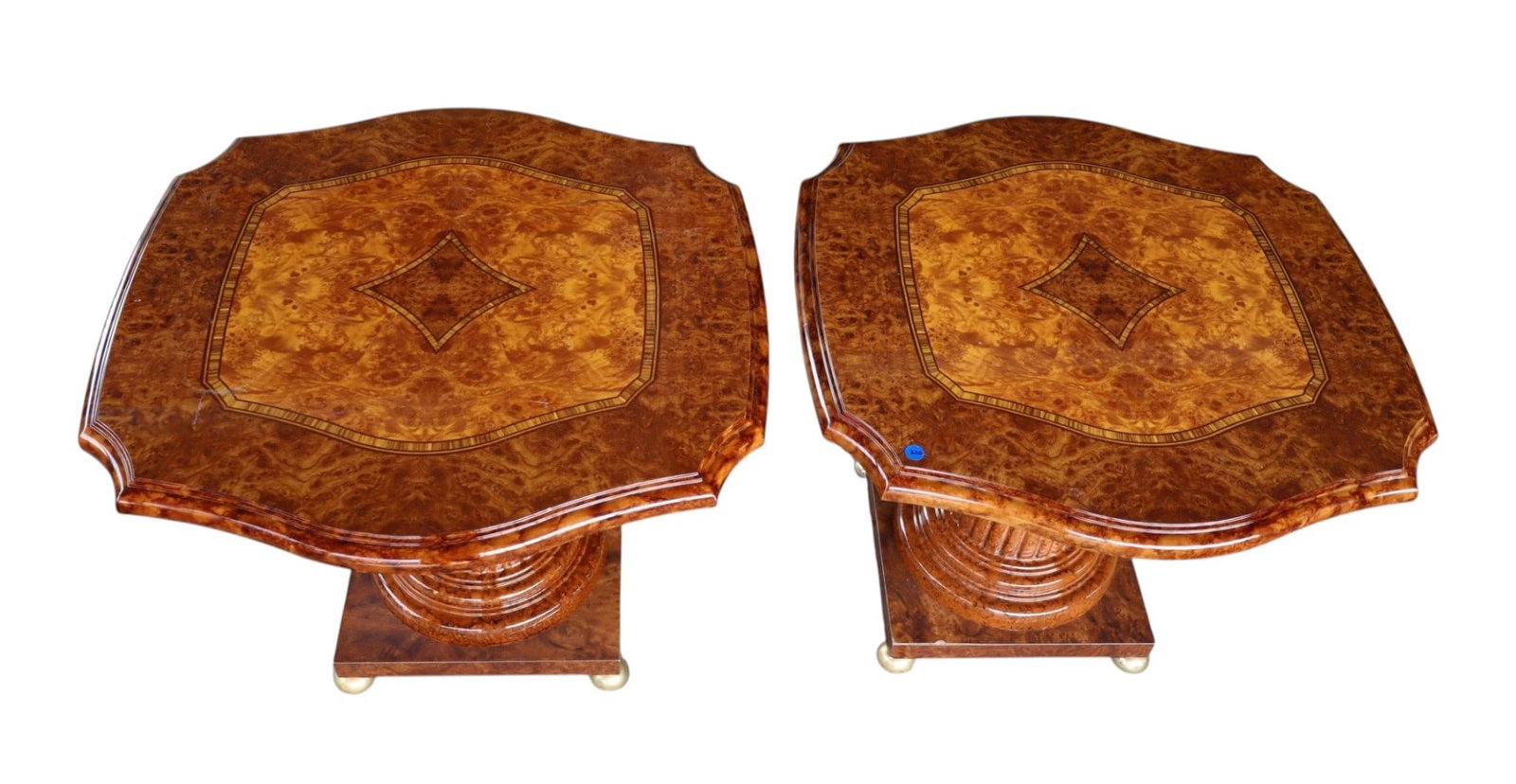 Pr Italian Lacquer Inlaid Burl Walnut Lamp Tables: Pair of Italian lacquer inlaid burl walnut lamp tables with brass feet, structurally sound with slight wear. Ea. 21.5"h x 27"w x 27"d