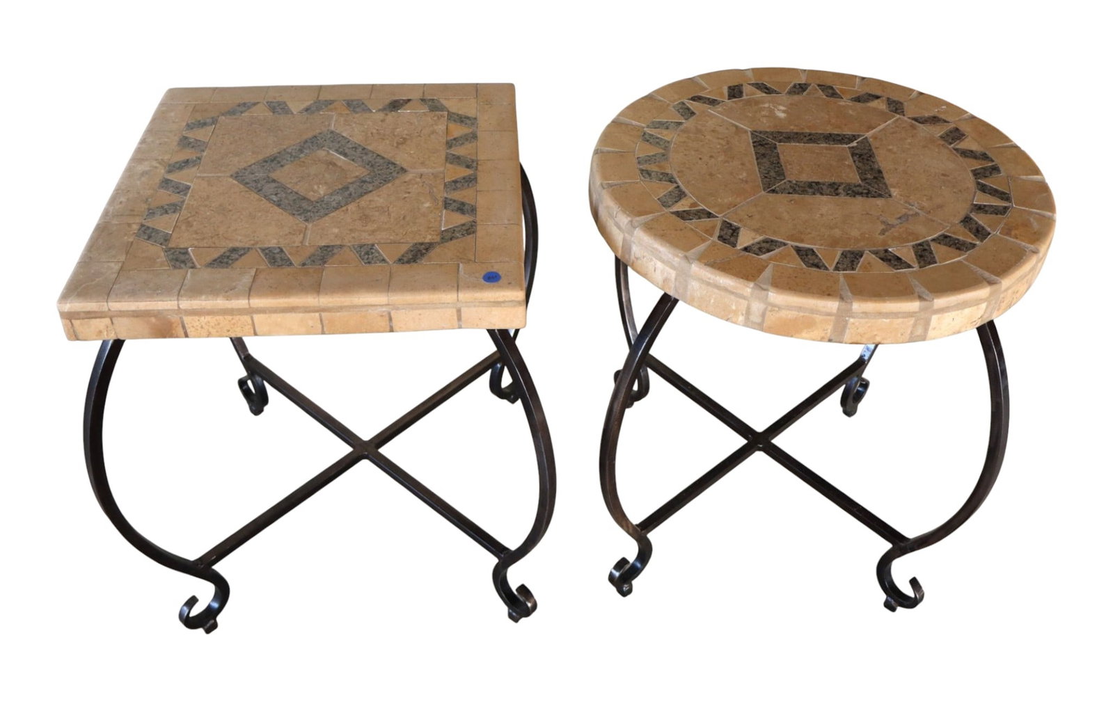 Pr Mosaic Granite Stone Top Iron Base Decor Tables: Pair of mosaic granite and stone top iron base decorator tables, 1 square and 1 round, structurally sound and in good condition. 25"h x 22" diameter, 25"h x 19" x 19"