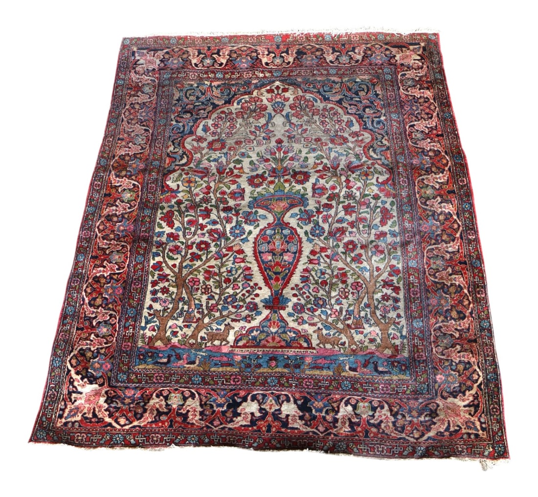 Antq Hand Stitched Wool Rug Tree of Life Pattern: Antique hand stitched wool rug Tree of Life pattern, fringe is worn, has age, needs cleaned. 55x76