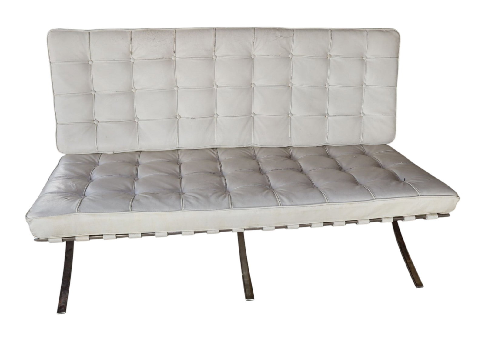 MCM Barcelona Style Settee w/Orig Leather Webbing: Mid Century Modern Barcelona style settee structurally sound with original leather webbing that is in good condition, and original worn white button tuft cushions on good polished stainless steel fram