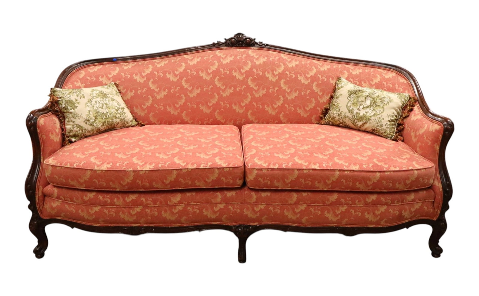 Antique 2 cushion French style mahogany framed sofa with floral upholstery (1 of 10)