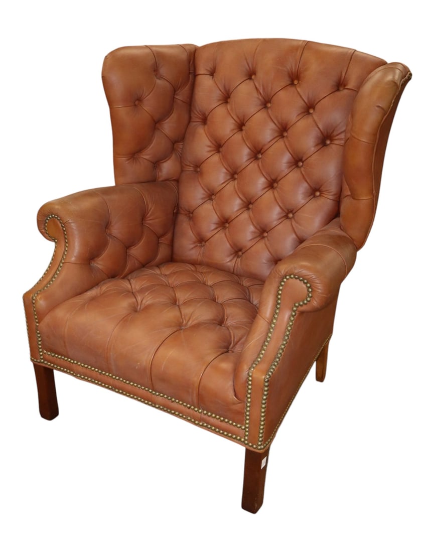 Chippendale Saddle Brown Tufted Leather Wing Chair (1 of 9)