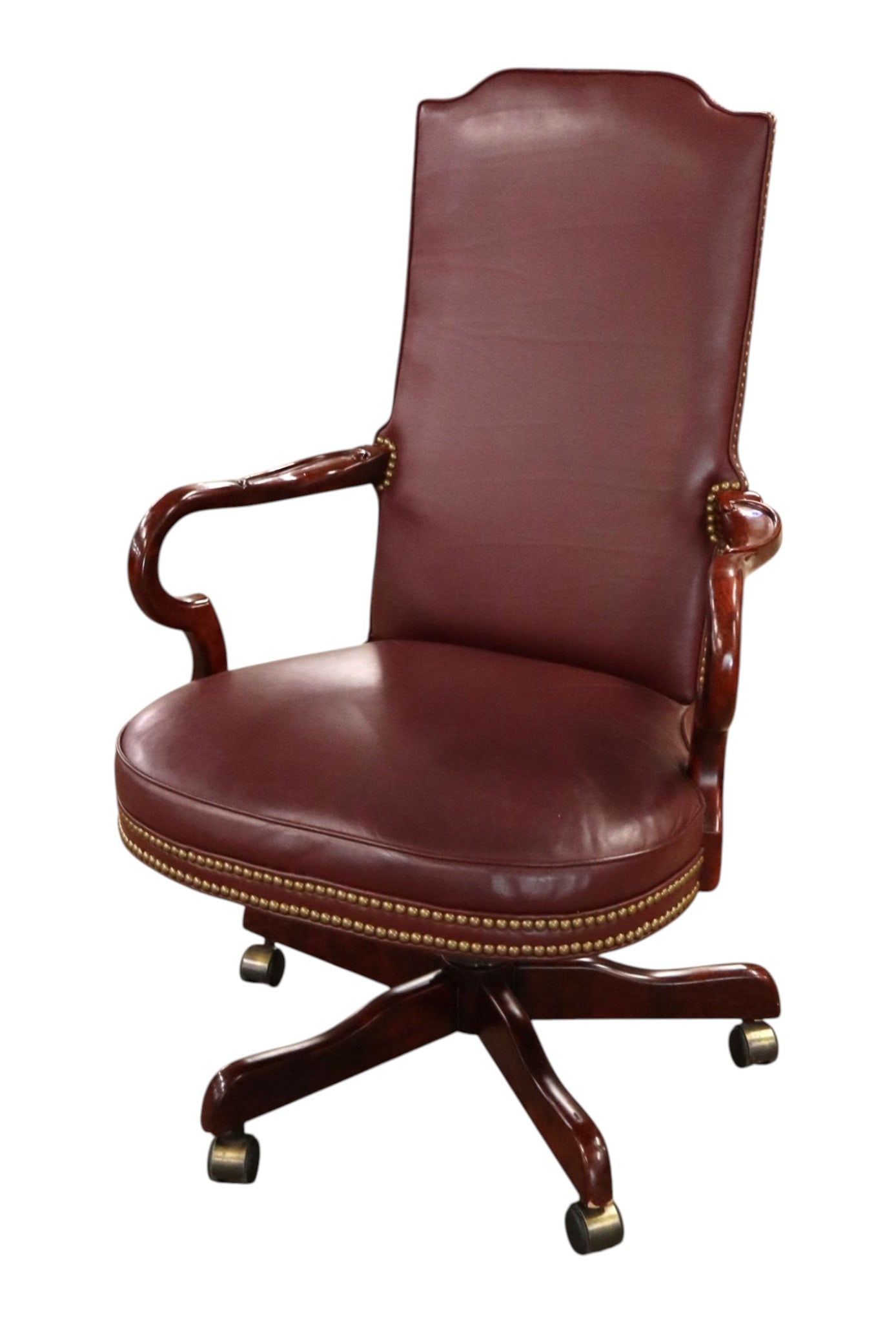 Century Mahog Leather Scroll Arm Swivel Office Chair (1 of 10)