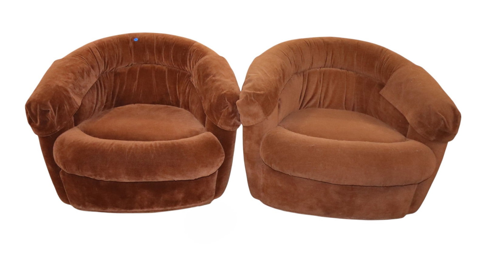 Pr VTG Modern Design Brown Velour Swivel Club Chairs: Pair of vintage modern design swivel club chairs in a brown velour upholstery, arm guards, work as should, structurally sound and in good condition with no noticeable issues. Ea. 28"h x 34"w x 32"d se