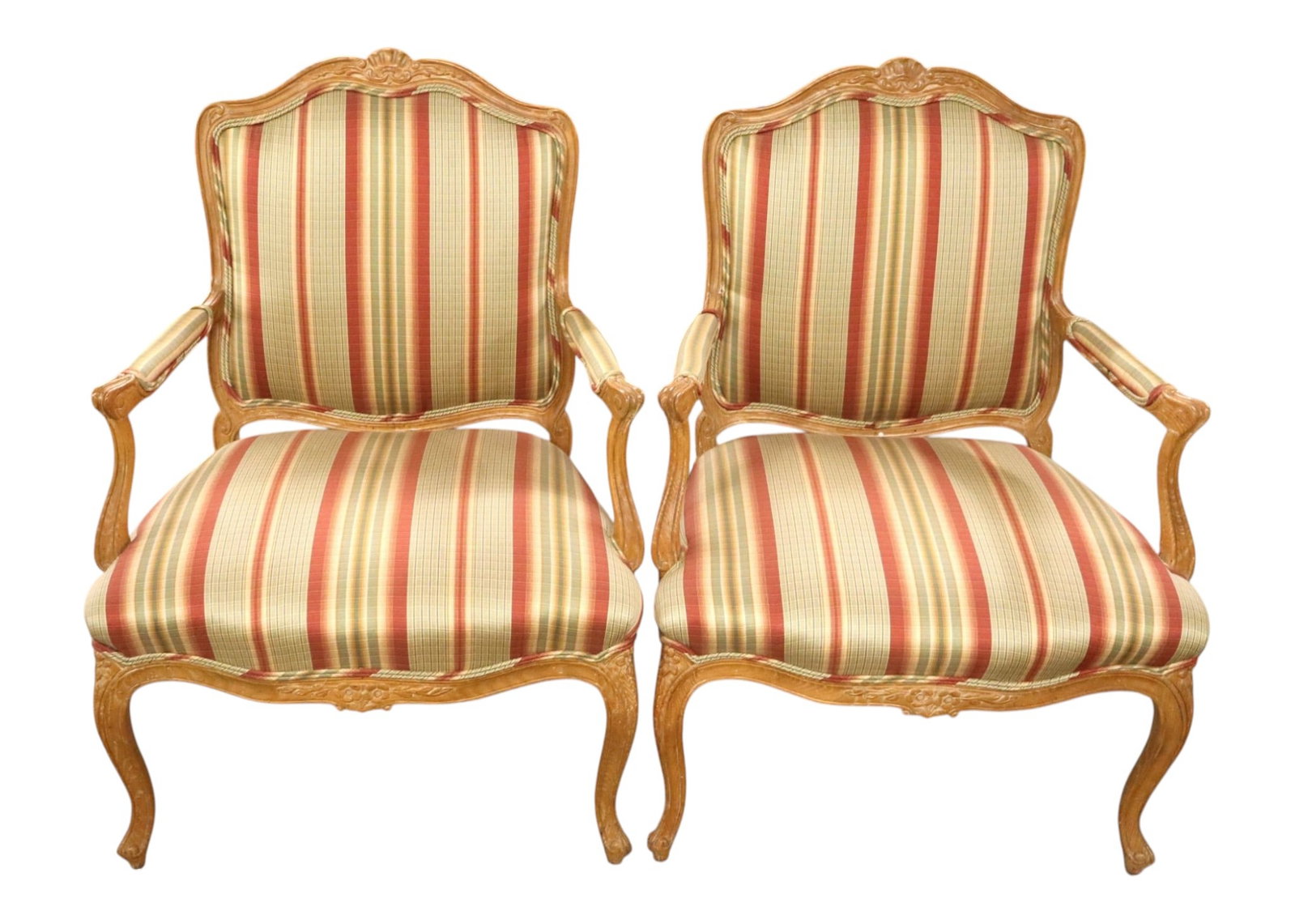 Pr Country FR Style Stripped Decorator Arm Chairs: Pair of country French style stripped decorator arm chairs, upholstery looks good, maple frame, structurally sound and in good condition with no noticeable issues. Ea. 38"h x 28.5"w x 22"d seat height
