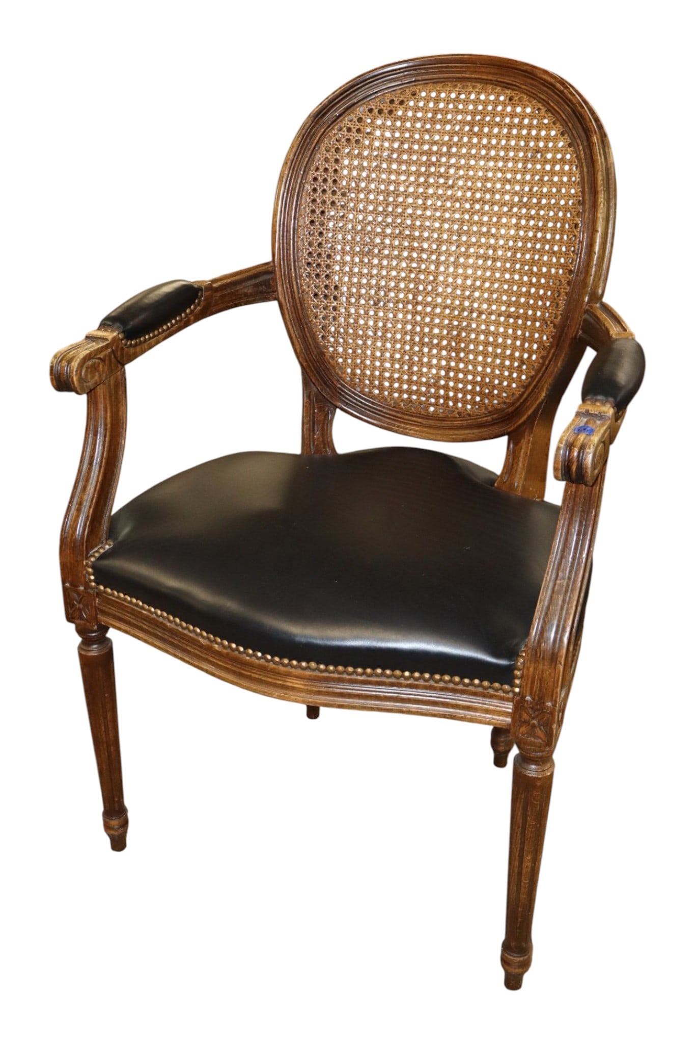Quality FR Medallion Dbl Caned Blk Leather Chair: Quality French medallion back double caned arm chair with black leather seating and arm cushions in walnut frame, structurally sound and in good condition. 38"h x 24"w x 20"d seat height 19"
