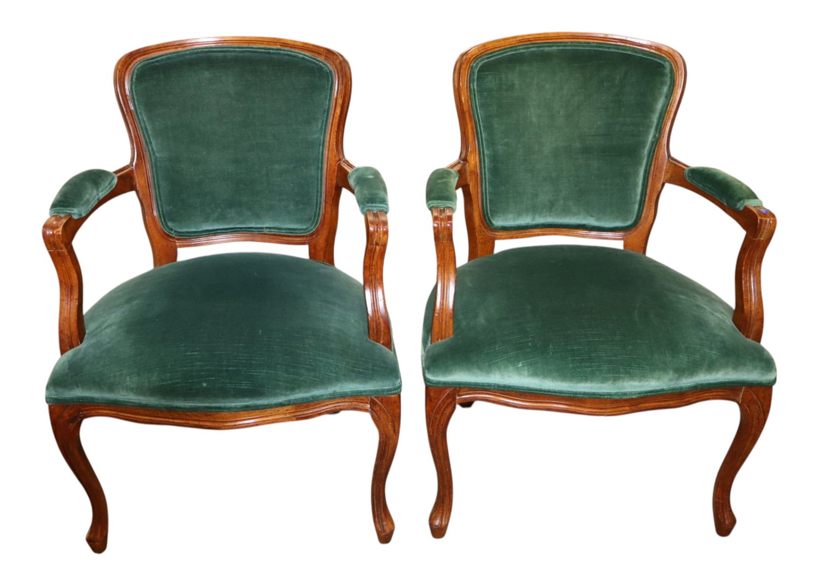 Pr Vtg FR Walnut Green Velour Arm Chairs: Pair of vintage green velour French style arm chairs in pecan walnut frame finish, structurally sound and in good condition. Ea. 33.75"h x 24"w x 20"d seat height of 17"