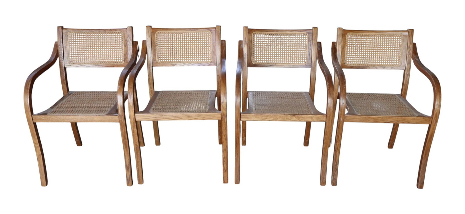 Set 4 Stackable Oak Bentwood Cane Arm Chairs: Set of 4 oak bentwood cane seat and back arm chairs, STACKABLE, original finish, structurally sound. Ea. 32"h x 21.5"w x 18"d seat height 17.5"