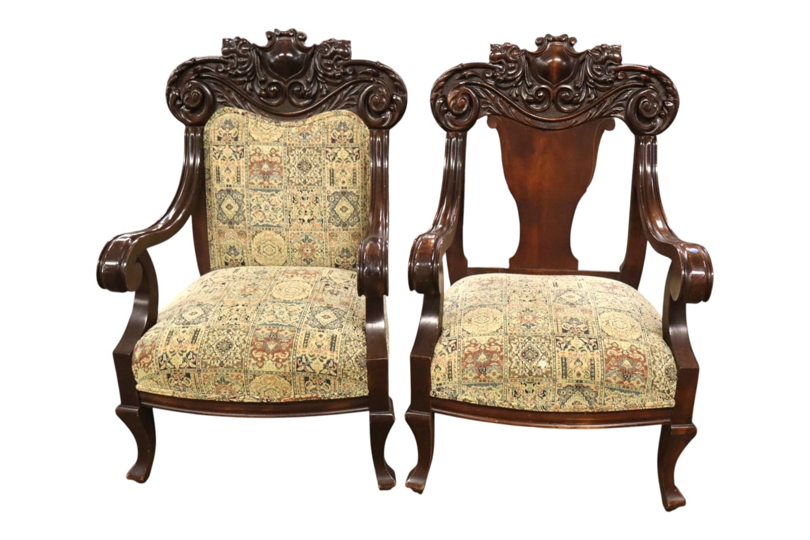 Pr Antq Lion Head Crvd Mah Arm Chairs Attr Horner: Pair of awesome antique oversize carved lion head solid mahogany arm chairs attributed to Horner Furniture, refurbished over the years, upholstery is good, structurally sound and in good condition. Ea