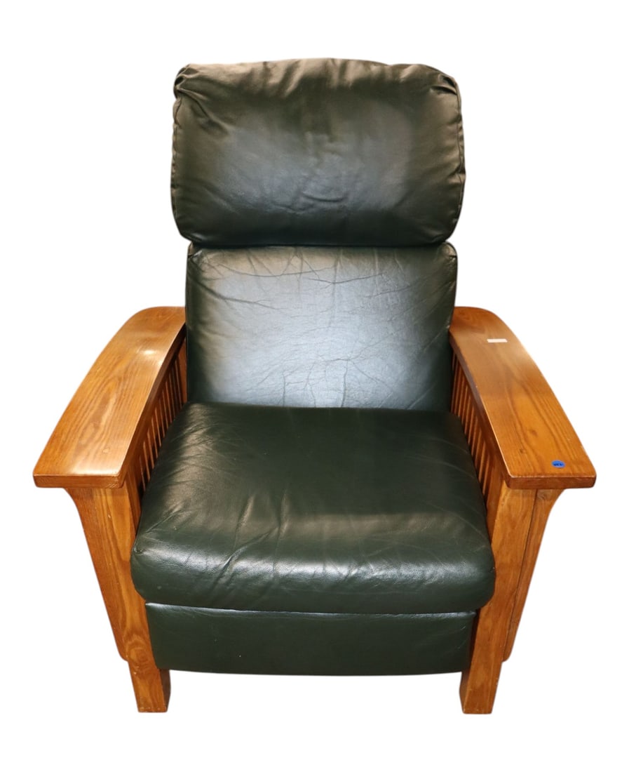 Barca Arts & Crafts Oak Leather Recliner Orig: Barca lounger arts and crafts leather recliner in oak finish solid wood, leather looks good, original finish, structurally sound and in good condition, works as should. 41.5"h x 33.5"w x 34"d seat hei