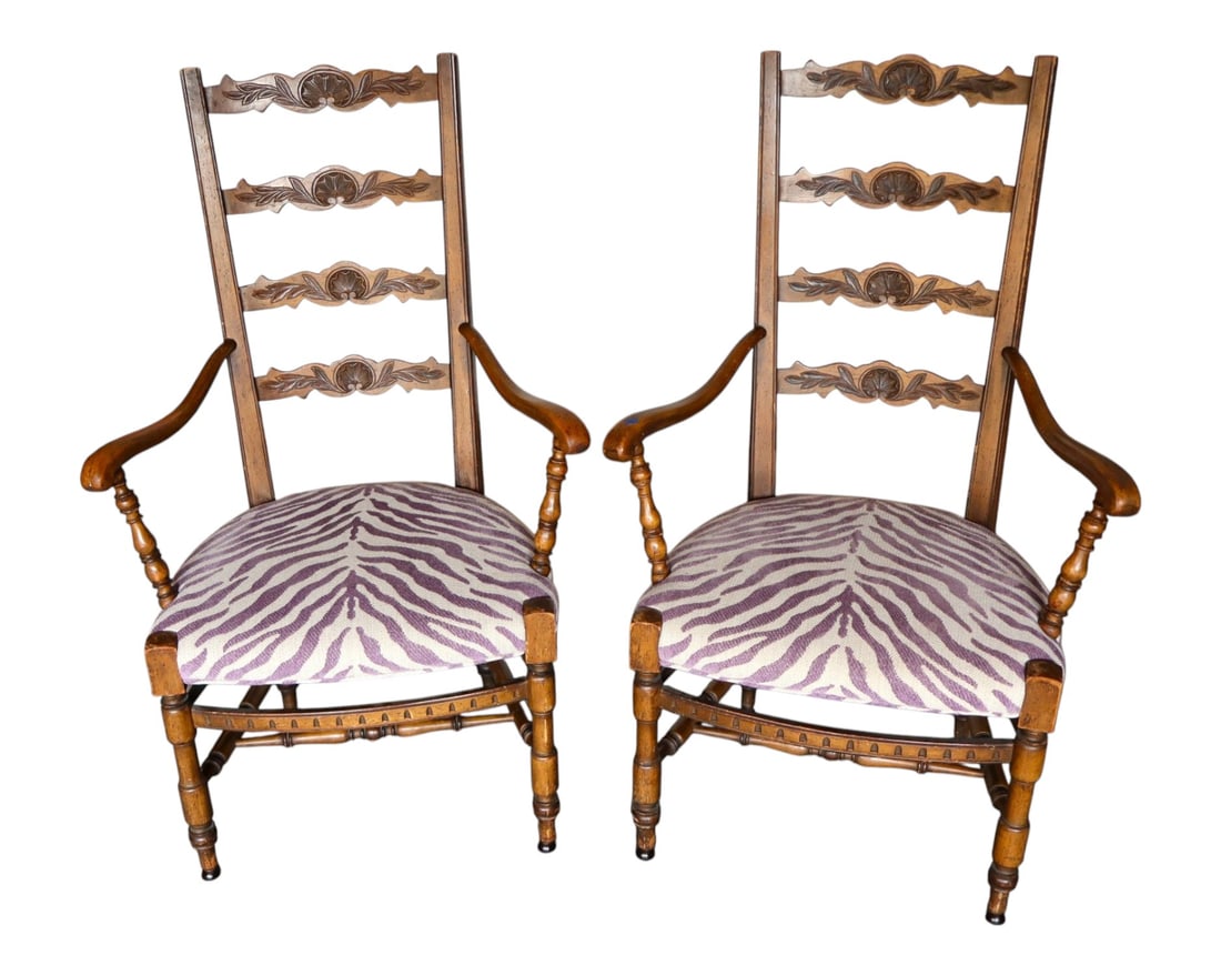 Pr Vtg FR Shell Crvd Ladder Back Arm Chairs: Pair of vintage country French shell carved ladder back decorator arm chairs, original pecan walnut finish, sculptured purple zebra style upholstery, original finish, structurally sound. Ea. 44.25"h x