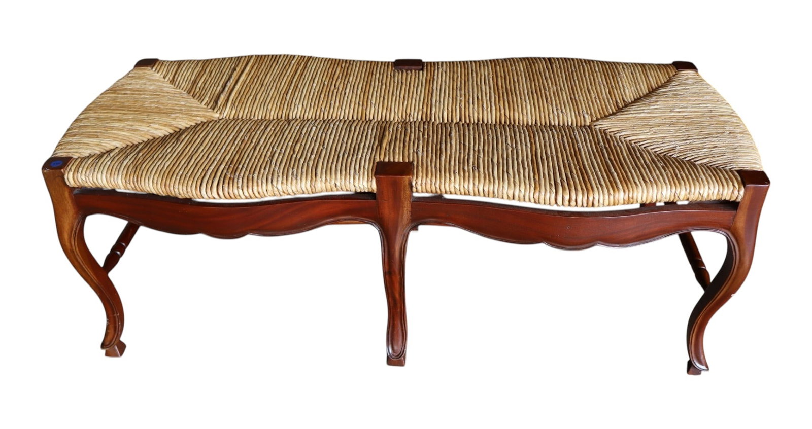 FR Solid Cherry 6 Leg Rush Seat Bench Orig: Country French quality solid cherry 6 leg rush top bench, original finish, structurally sound and in good condition. 18"h x 50"l x 22"w
