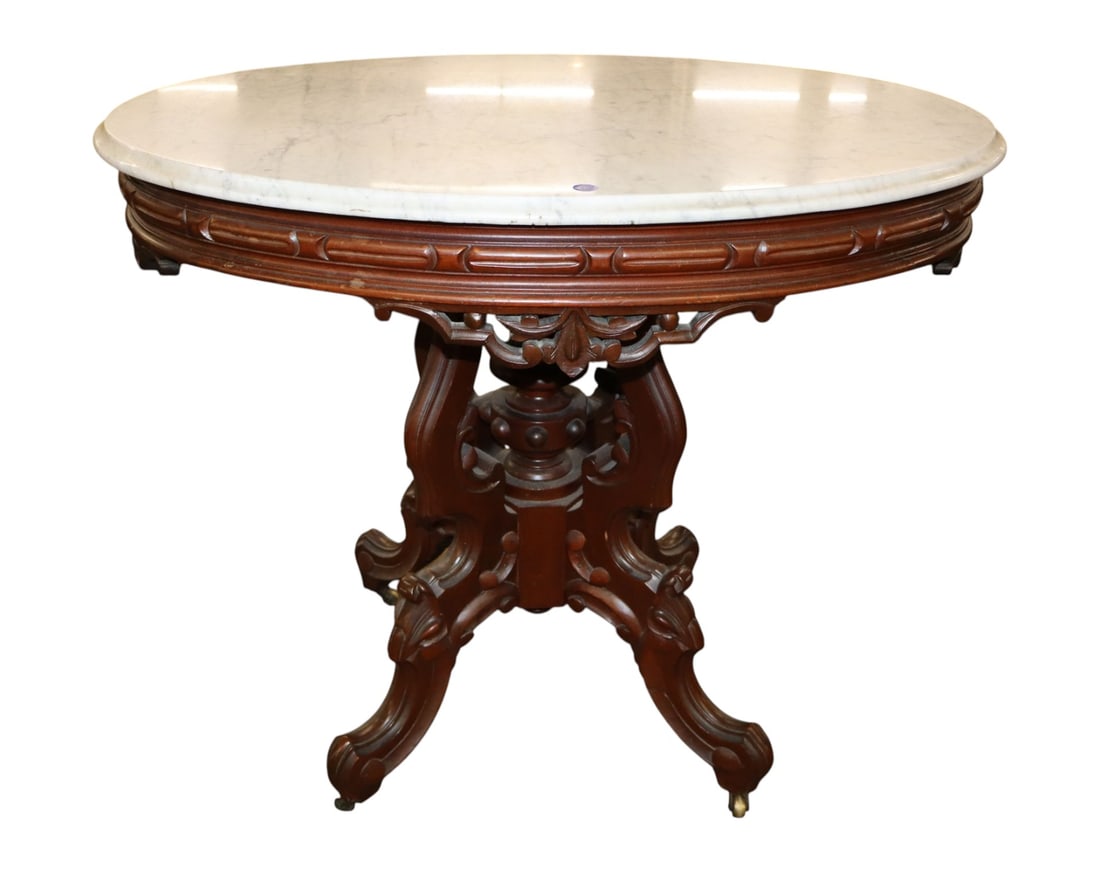 Antq Victorian Walnut Oval Marble Top Table (48/49) (1 of 5)