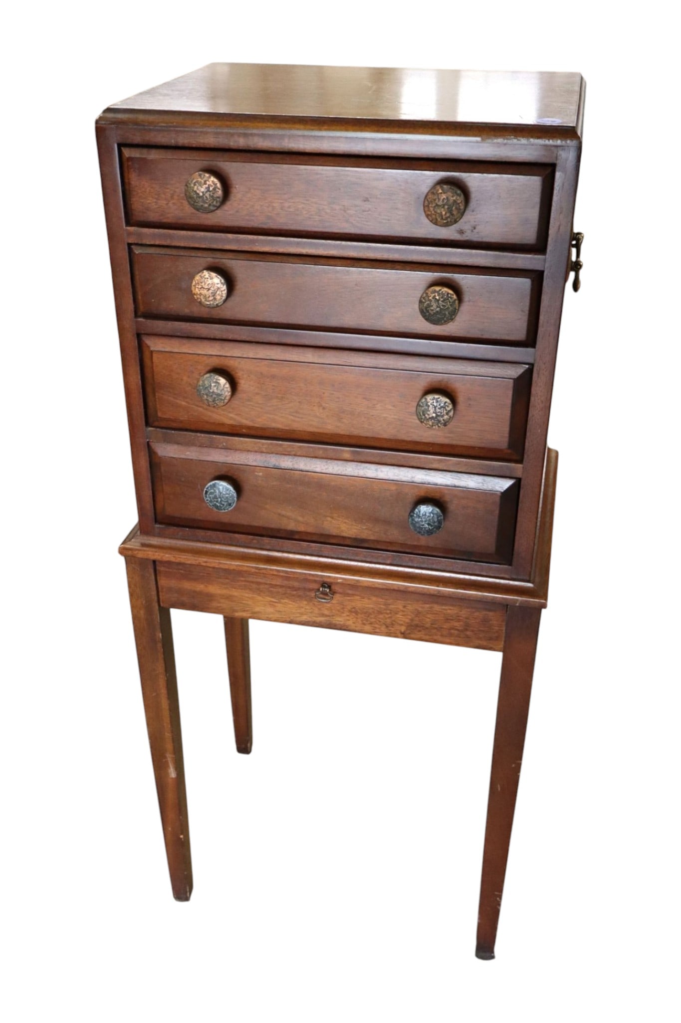 VTG Mah 4 Drawer Silver Flatware Chest Pull Tray: Vintage solid mahogany 4 drawer petite silver flatware chest, solid mahogany with pull out tray, original finish, structurally sound and in good condition with slight wear on top. 37"h x 16.5"w x 12"d