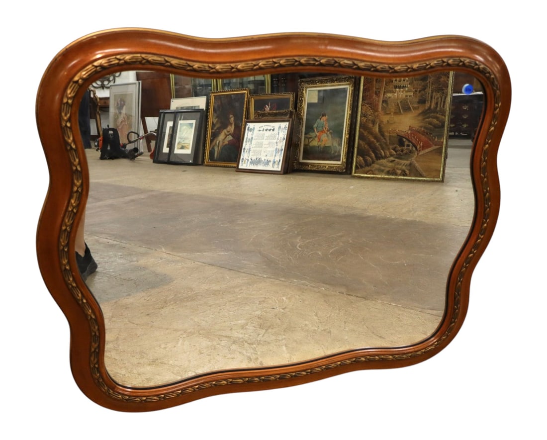 VTG FR Carved Wood Framed Wall Mirror Decorator: Vintage carved wood framed French style decorator wall mirror which can be hung either way, original finish, structurally sound and good condition. 30.5"h x 37.5"w x 1.25"d