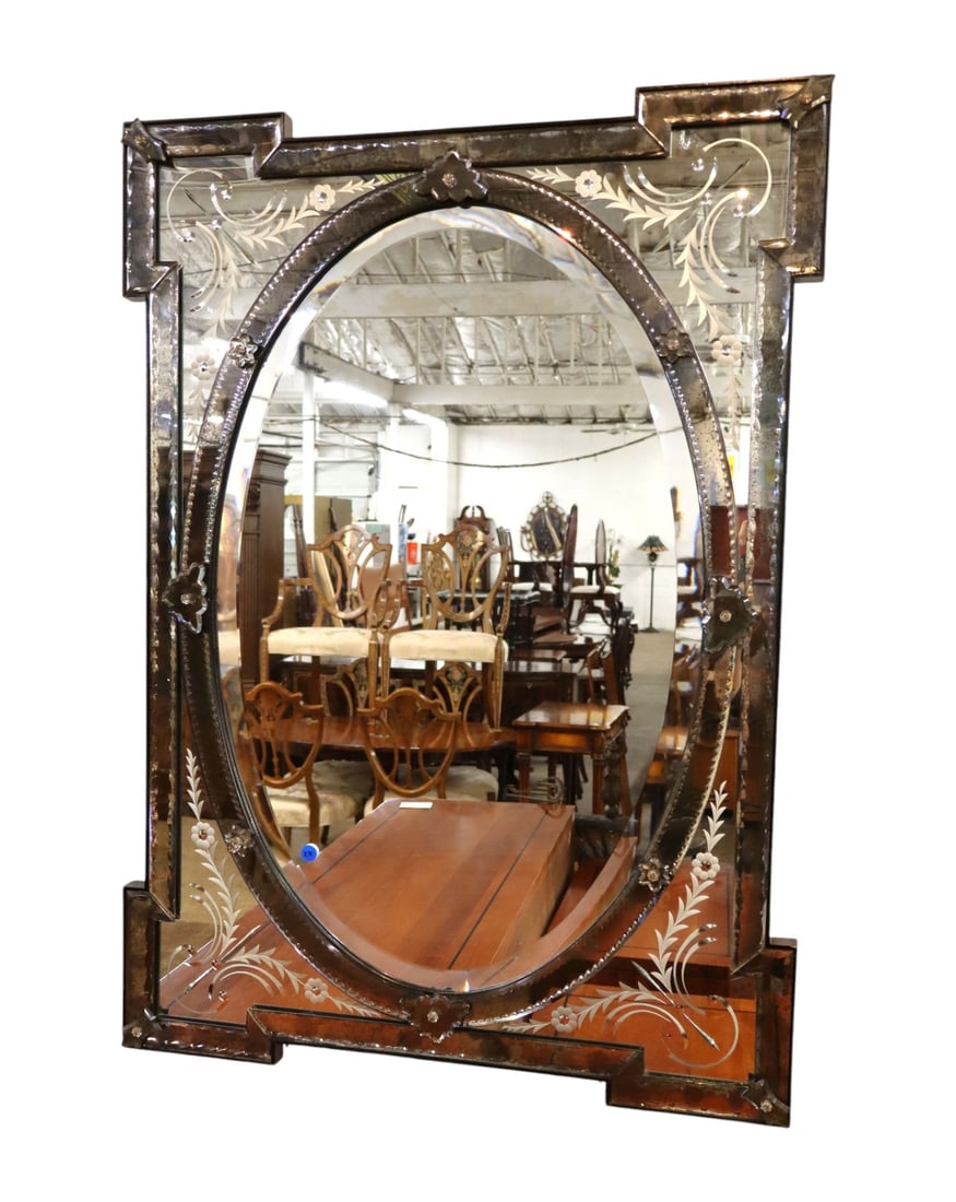 Antq IT Venetian Etched Beveled Wall Mirror Oval: Beautiful semi antique venetian Italian etched mirror with beveled glass oval center, highly ornate round edges, all original, structurally sound and good condition. 43"h x 31"w x 1.25"d