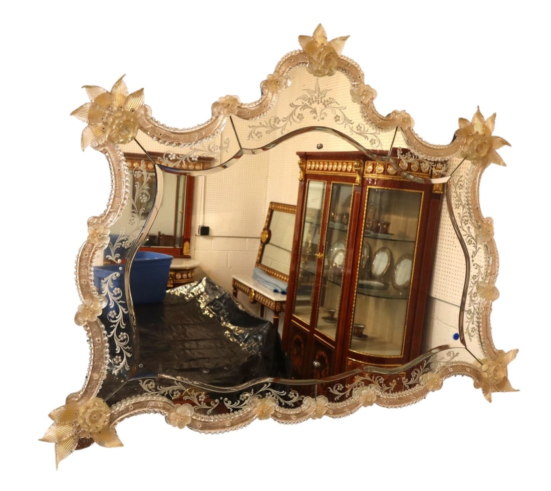 Antq IT Venetian Wall Mirror Ornate Beveled: Impressive semi antique Italia venetian mirror, very ornate and fancy, structurally sound and good condition. 37"h x 49"w x 3"d