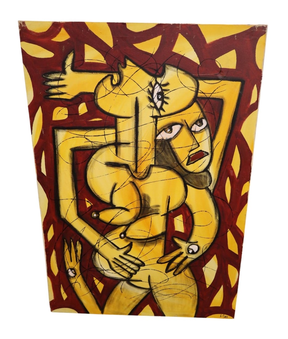 VTG MCM Modernist Figural Signed Oil Painting: Vintage Mid Century Modernist figural painting in the yellow and burgundy color palettes, artist signed. 40"h x 27.5"w