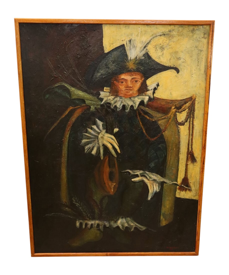 Patrick Hiatt Signed Oil Board Musician Portrait: Patrick Hiatt signed framed oil on board portrait of musician in fancy garb. 44.75"h x 33.5"w