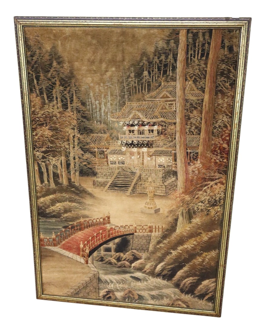 VTG Asian Bunka Embroidery Pagoda Bridge Scene: Vintage Mid Century Asian Bunk Embroidery Tapestry Panoramic with foot bridge with pagoda and house hanging artwork. 50"h x 34.5"w