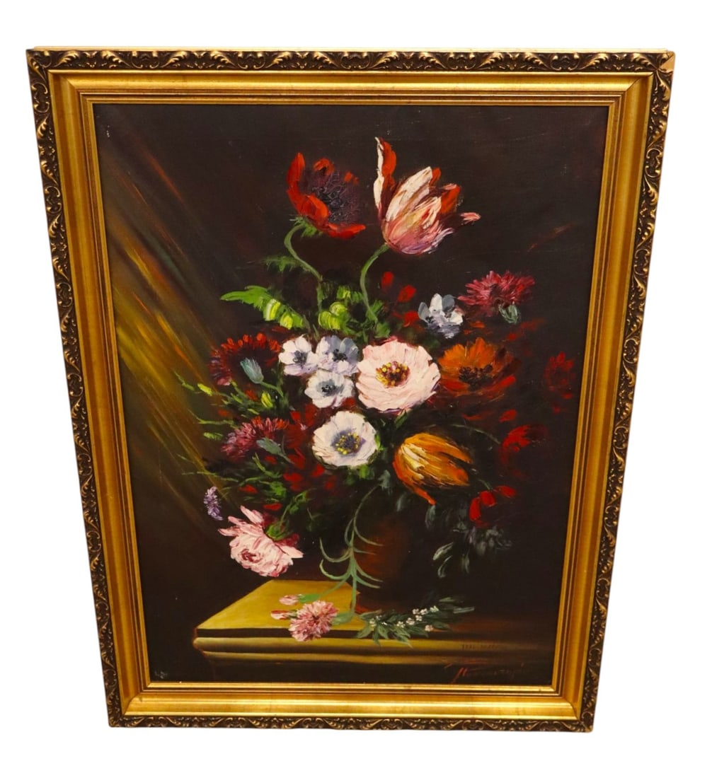 VTG 1951 Signed Oil Canvas Floral Still Life Art: Vintage artist signed and dated 1951 oil on canvas still life painting of still of flowers in vase in original wood and gesso frame with some flakes see photos. 31.25"h x 23.5"w