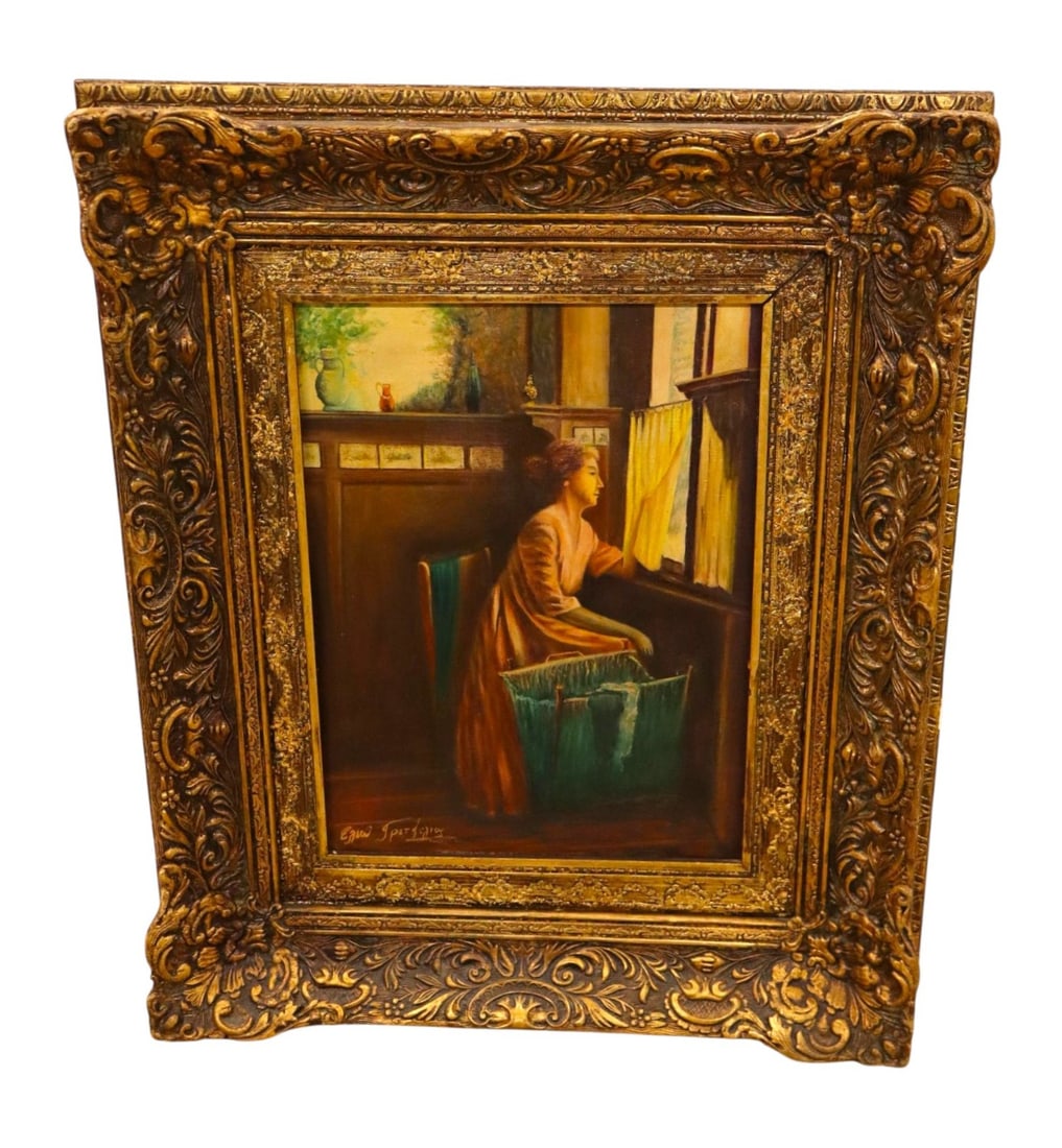 Trisevgeni Interior Oil Painting Gold Frame: E. Trisevgeni (Greek, 20th C.), Interior Scene. Oil on canvas, woman by window. Signed. Verso gift inscription from Father Peter. Set in a deeply carved mid-century baroque-style giltwood frame. Good 