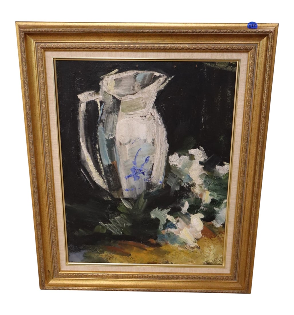 Signed Oil on Board Still Life Painting Framed: Artist signed oil painting on board in frame, still life. 23.5"h x 19.75"w