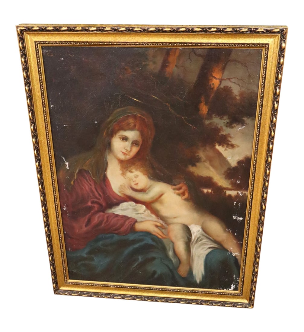 VTG Mother & Child Oil Canvas Wood Gesso Frame: Vintage oil on canvas framed artwork of mother and child, unsigned, wood and gesso frame, does show paint loss.34.25" x 36.5"w