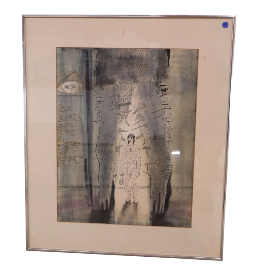 Minas 1970s Surrealist Mixed Media Silver Frame: Minas (Greek, 20th C.), Surrealist Allegory. Mixed media on paper, central figure with keys and symbolic motifs. Signed lower left. Double-matted in a polished silver metal frame under glass. Good vin