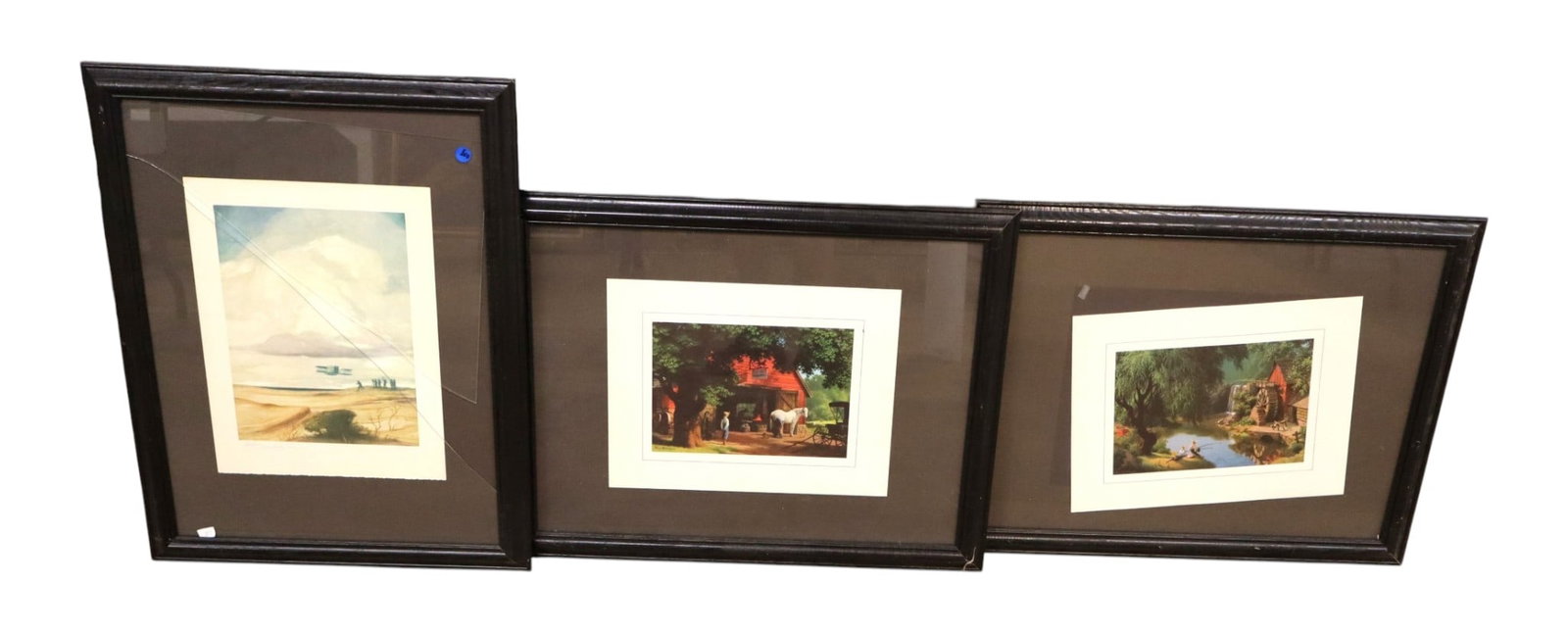 Lot of 3 Black Framed Decorative Prints Wall Art: 3 black framed prints, one with crack see photos. Ea. 27.5"h x 21"w