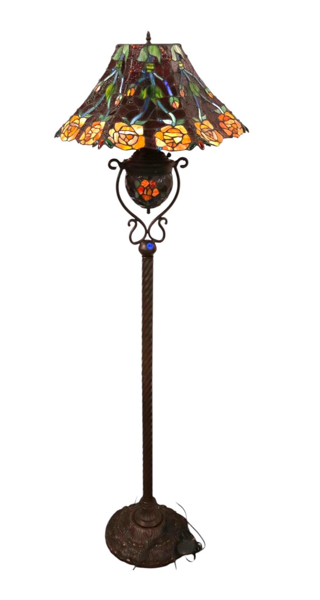 Lead Glass Bronze Style Pole Lamp Foot Pedal: Fancy lead glass bronze style base pole lamp with foot pedal, ornate very detailed shade with some cracks, structurally sound see photos. Lamp 67"h x base 12" diameter. Shade 12"h x 22.5"w x 17.5"d