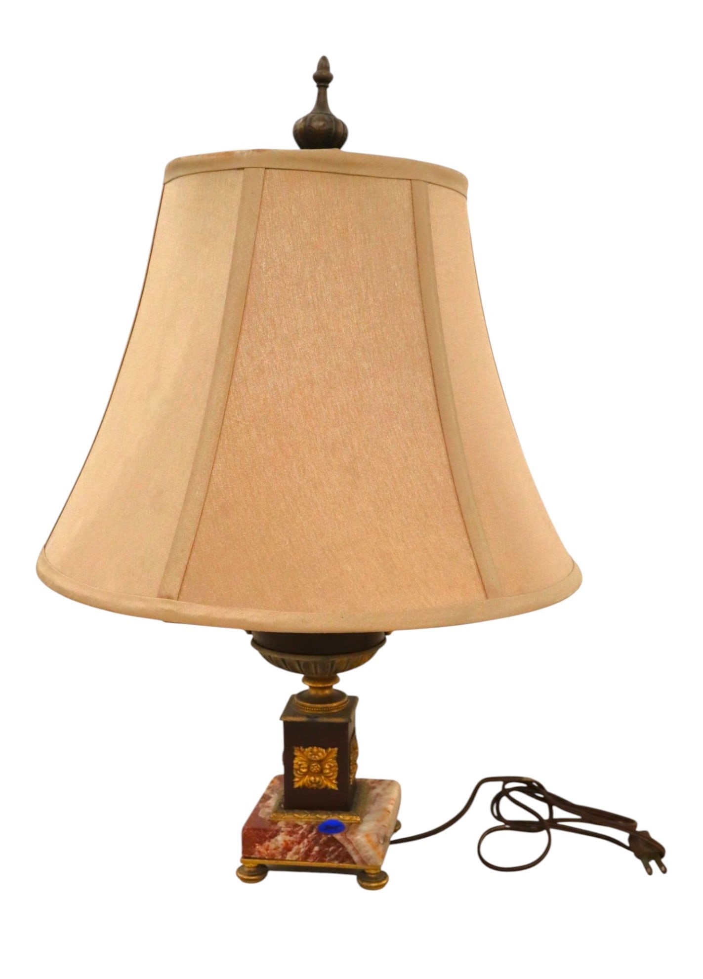 Antq FR Bronze Marble Adjustable Table Lamp: Antique French bronze and marble table lamp with adjustable shade height. 21"h and base is 4.25 square, shade 15" diameter