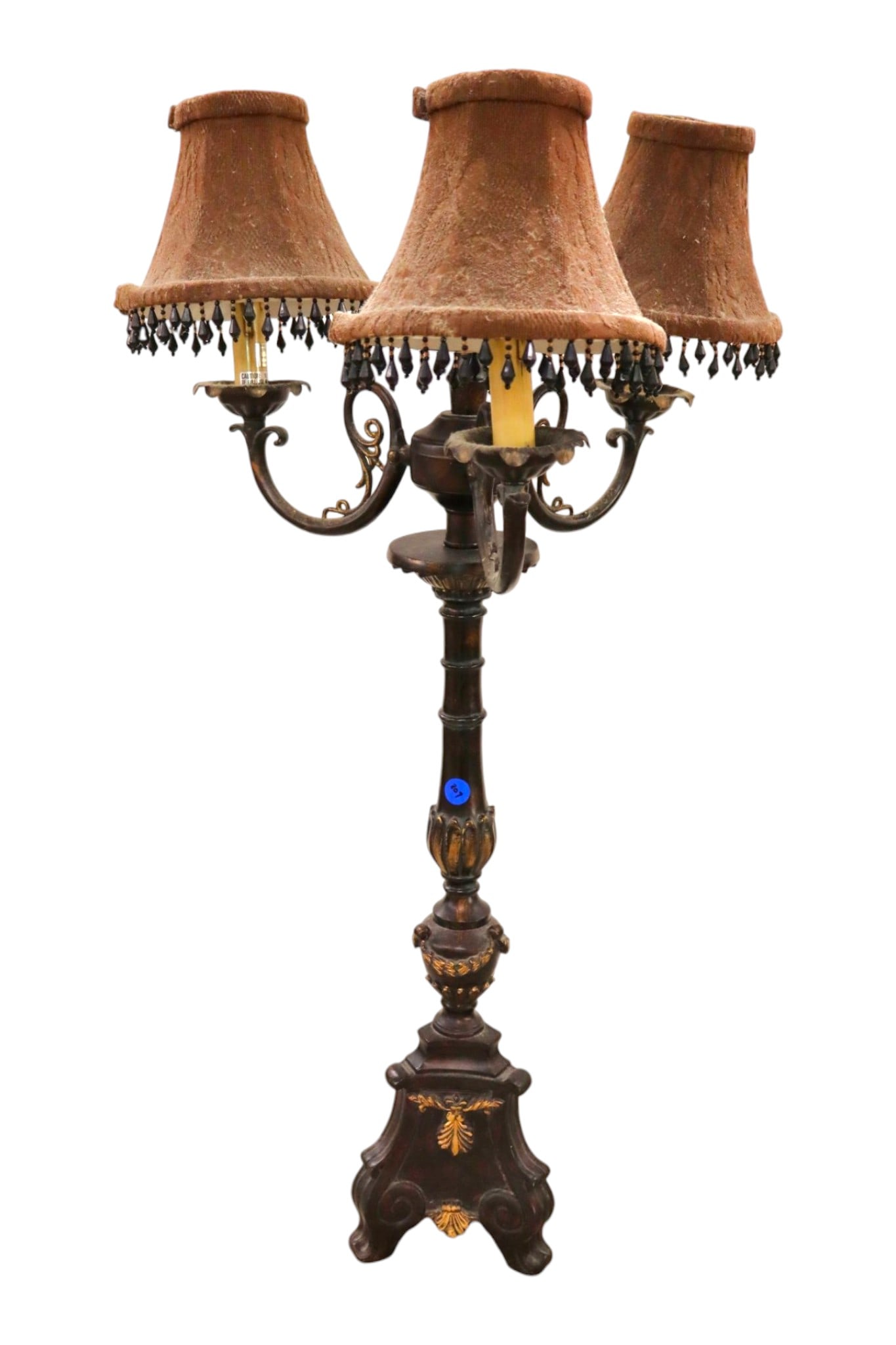 Contemp Bronze 3 Burner Table Lamp Tassels: Contemporary decorator 3 burner lamp with bronze finish, shades and tassels, structurally sound. 33"h x 16"w x 16"d