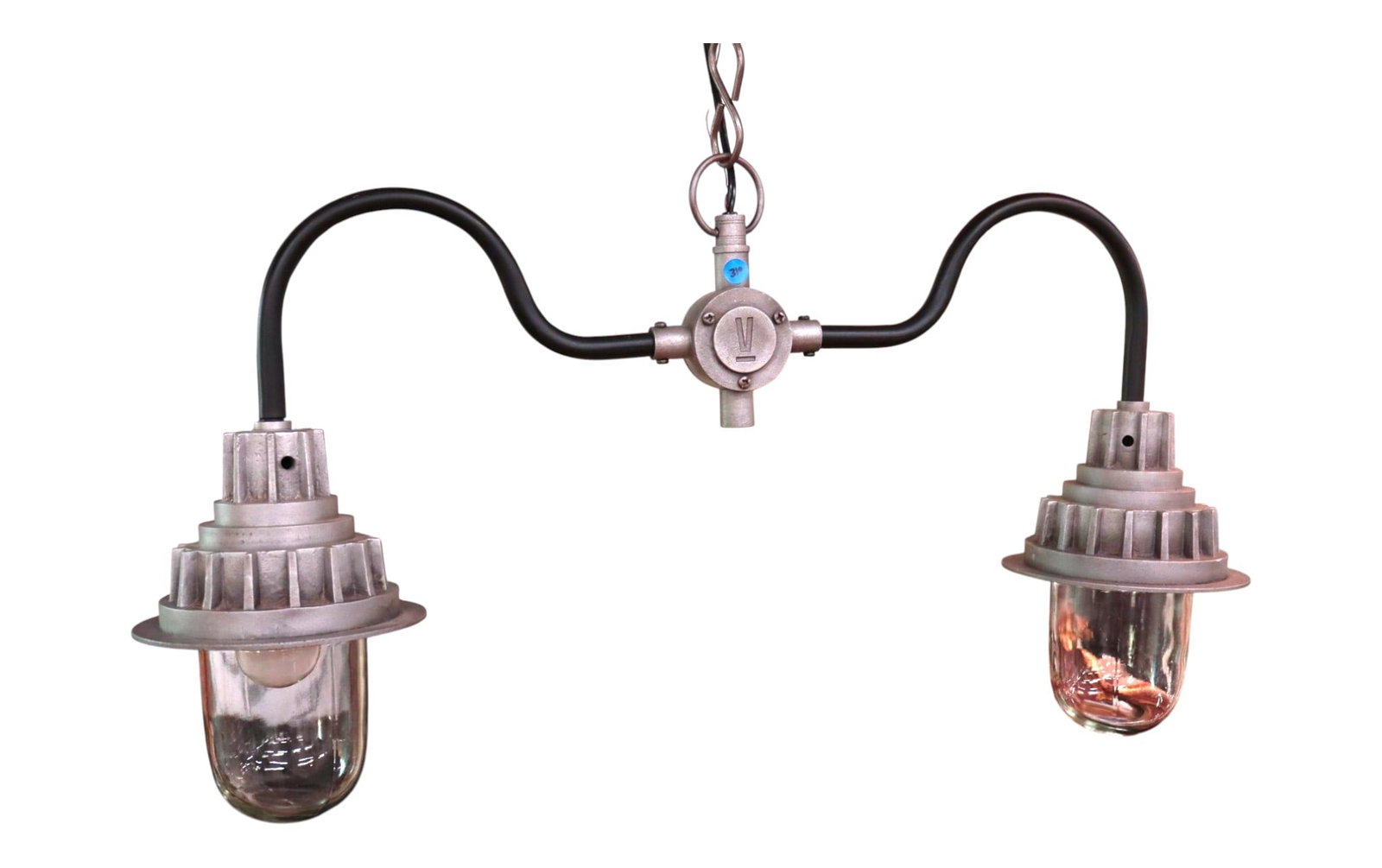 Industrial Aluminum 2 Burner Pendant Light: Like New Industrial style 2 burner pendant light in aluminum housing marked with V. Light fixture 18"h x 35"w and 40"chain